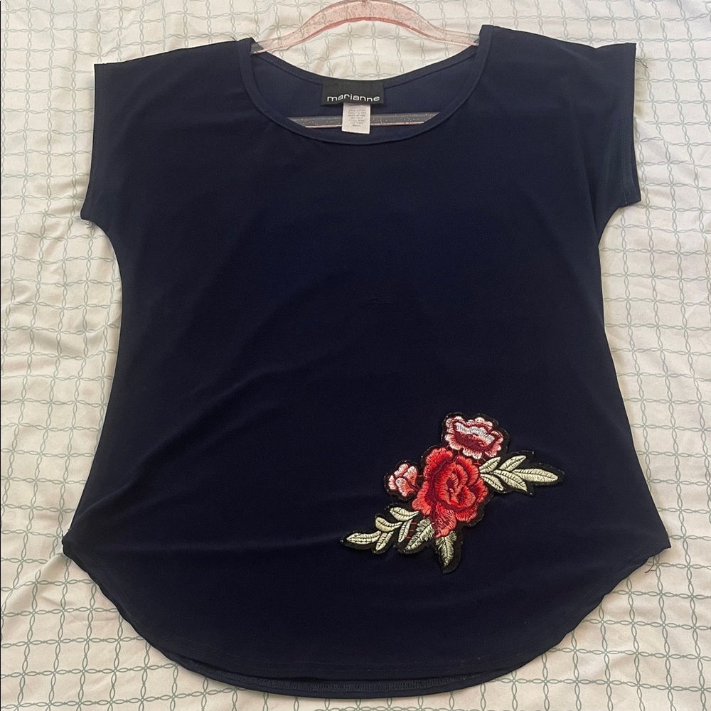 Marianne Navy Blue Top with Floral Embroidery Small